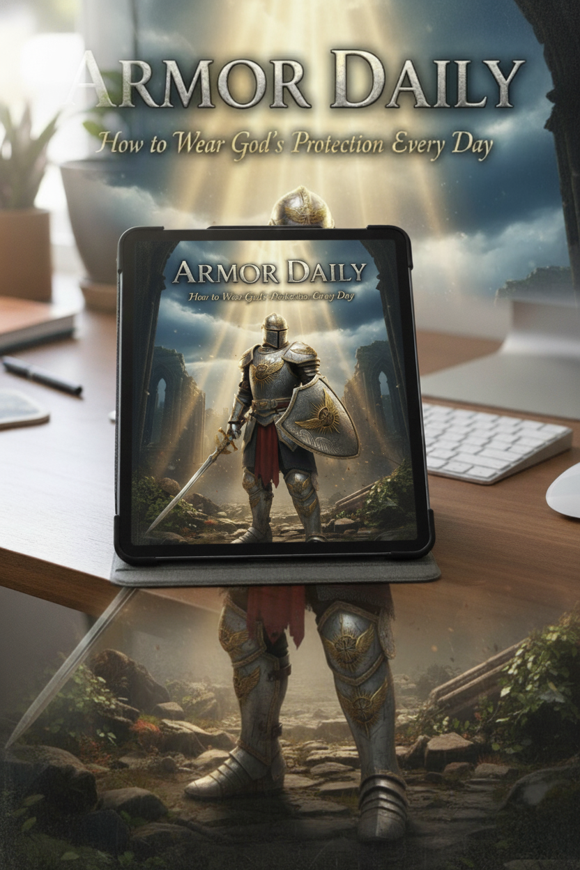 Person wearing armor holding a tablet with 'Armor Daily' on screen, set against a blurred office background.